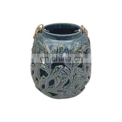 New Factory Customized blue sea style decorative ceramic wall hanging lantern candle holder for home decor