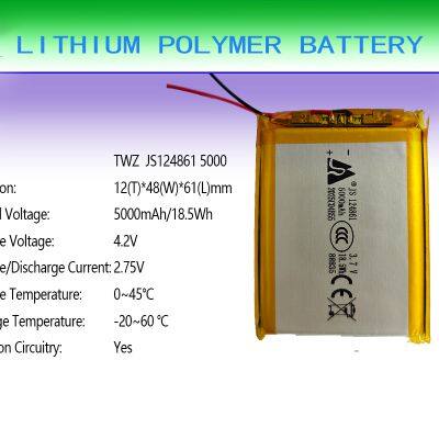 Wholesale high-quality high-capacity rechargeable 3.7V polymer lithium battery packs, JS 124861 5000mAh 3.7V LED light battery,