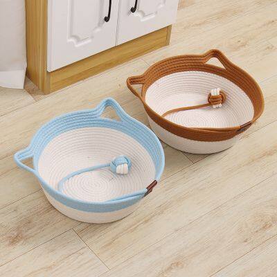 Round Cat Sleeping Nest Cotton Rope Cat Bed Basket With Play Ball Pet Sleeping Bed House photo-2
