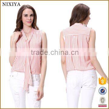 Lady Fashion Pink Striped Printed Tie Sleeveless Tops