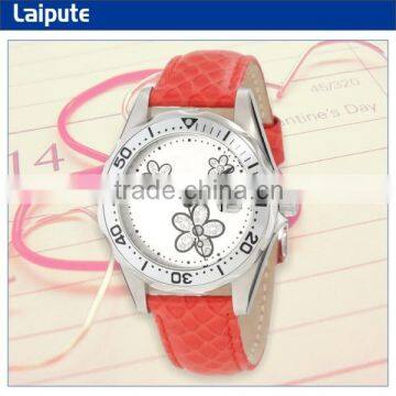 Colorful Silver Dial Crystal Accented Flowers Red Leather Flower Quartz Watch