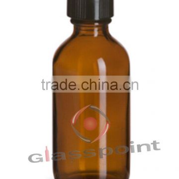 Amber Boston Round Glass Bottle 2 oz with Std Cap, 60ml bottle with plastic cap black