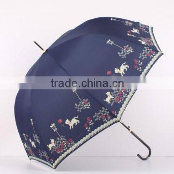 23 Inch Stick Crook Handle Silk Print Lady Umbrellas