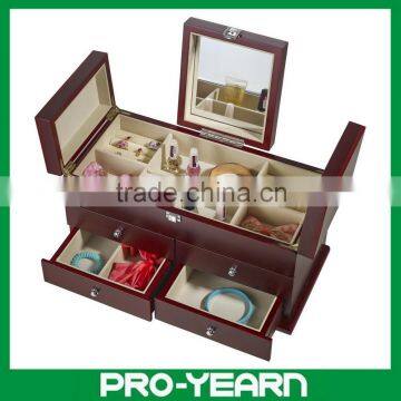 Wooden Mirrored Cosmetic Jewelry Box Case with Classic Style and Compartments and 4 Drawers and Clasp for Storage and Display