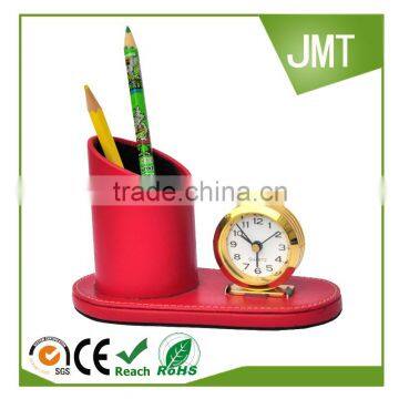 Beautiful design Leather Pen stand with metal alarm clock