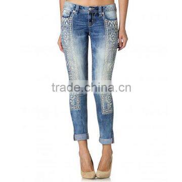 WOMEN'S BOHO AZTEC CUFFED SKINNY EMBROIDERY WESTERN JEANS