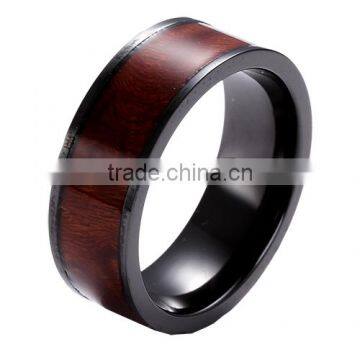 wedding band engagement ring with real wood inlay