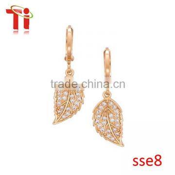 Top fashion 316L stainless steel rose gold plated leaf diamond accented drop dangle earring