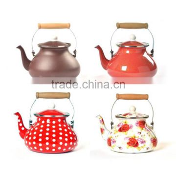 High Quality Flower Decoration Decal Printing Tea Kettle Enamel Water Kettle With Wooden Handle