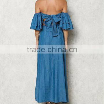 Blue Chambray Off Shoulder Bell Sleeve Maxi Denim Jeans Dress Ladies Western Dress Designs HSd5281 photo-6
