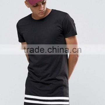 Black 100% Cotton Plain Extra Long T Shirt Fashion Design Men's Longline T Shirt with Striped Hem OEM Enlongated T-Shirt