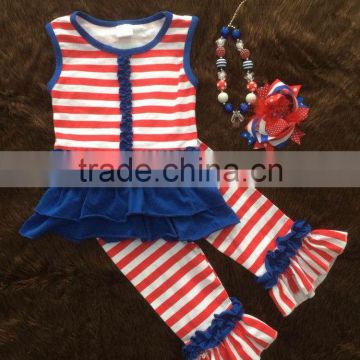 2015 new baby girls ruffle capri dress set July 4th outfits with matching necklace and bow