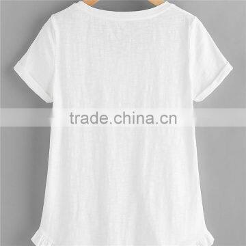 Plain White and Grey Pure Cotton Roll Cuff Ruffle Trim Slub T-shirt photo-3