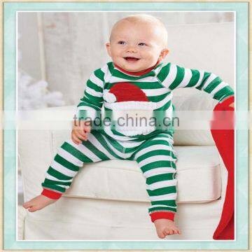 Kids boy 100%cotton pajamas green stripes Santa Claus applique christmas clothing for children