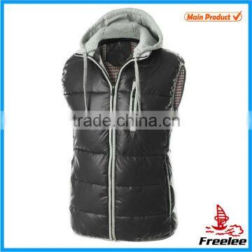 2015 Winter Sleeveless Mens Black Puffer Vest with Hood