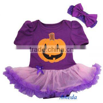 Baby Purple Pink Halloween Pumpkin Tutu Bodysuit Romper Pettiskirt Headband 0-18M