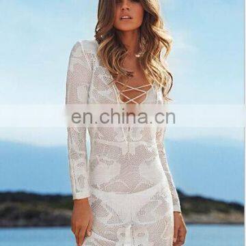 Europe And America White Hollow Out Long Sleeve Knitwear Sandbeach Dress