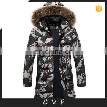 Men style camouflage down jackets with real raccoon fur collar long pattern