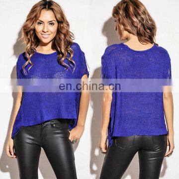 European Style Young Women Royal Blue Fringe Side Knitted Blouse