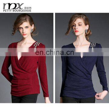 2016 ladies tops latest design V-neck beaded women blouse