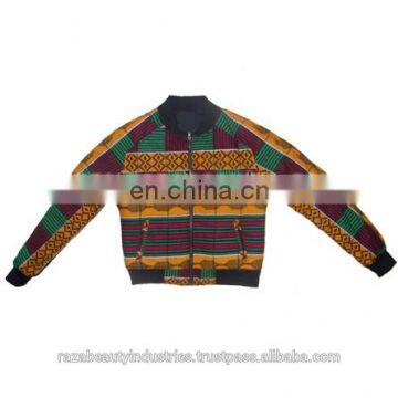 African Wax Fabric Ladies Bomber Jackets, Custom Embroidery Women Varsity Jackets, Girls Satin Baseball Jackets