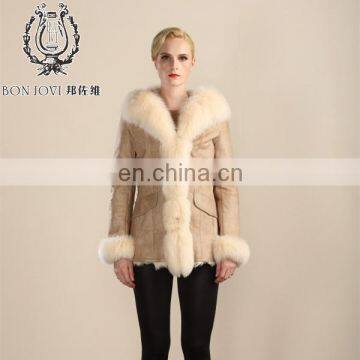 Stylish Sheep Fur & Skin Jacket Real Animal Fur Coat With Cap Leather Jacket For Women