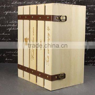 Custom finished hinged lid wooden wine box 6 bottles wine boxes with handle