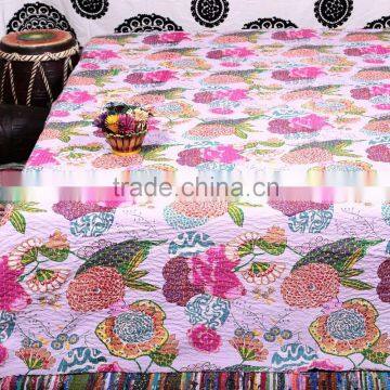 Bohemian Flower Print Quilt Queen Size Cotton Cover Quilt Throw Kantha Quilt Indian Handmade Bedspread