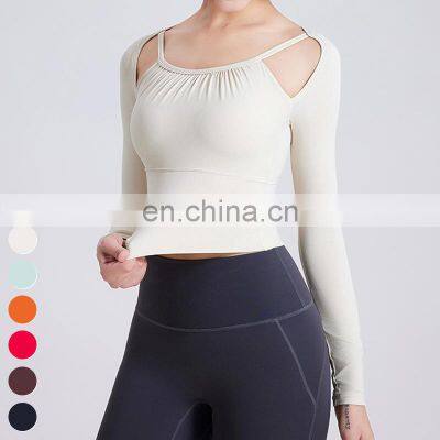 Quick Dry Hollow Out Slim Running Clothing Fixed Cup Sports Bra Tops Gym Fitness Long Sleeve Crop Top Yoga Tshirt For Women photo-4