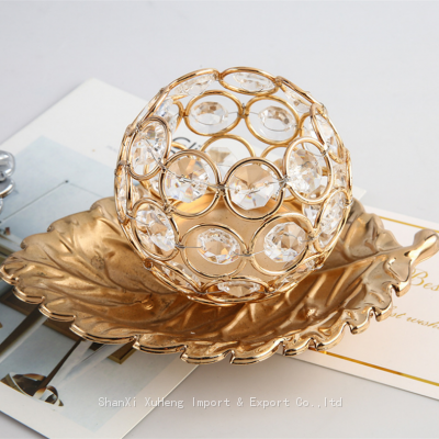 Wedding Gold Leaf Candle Holder Round Small Metal Crystal Ball Tealight Candle Stick Holder Light Table Centerpieces