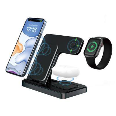 Factory supply 3 in 1 folding wireless charger stand 15W wireless fast charging  power station for smart phone watch earphone