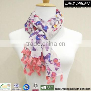 100% Polyester Butterfly Printed Kid's Scarf With Tassels For SS 16