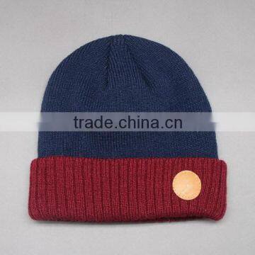 LUXURY LEATHER PATCH FOLD CUFF NAVY WINTER HAT FOR MEN AND WOMEN