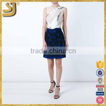 White and navy blue cotton blended embroidered lace women dress                        
                                                Quality Choice