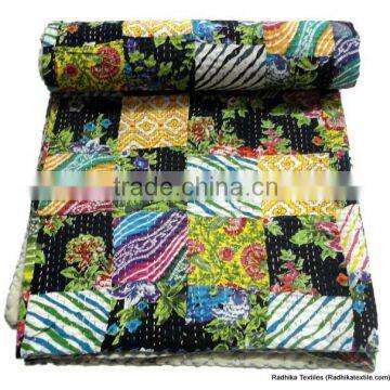 RTHKG-41 Small Patchwork All Purpose Indian Traditional Bengali Kantha Hand Stitch Gudari Bedspread Double Bed Throws Jaipur