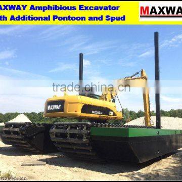 320D Float Excavator with Side Pontoon and Hydraulic Spud , Additional Pontoon with Hydraulic Spud . CE , EPA , SGS, ISO