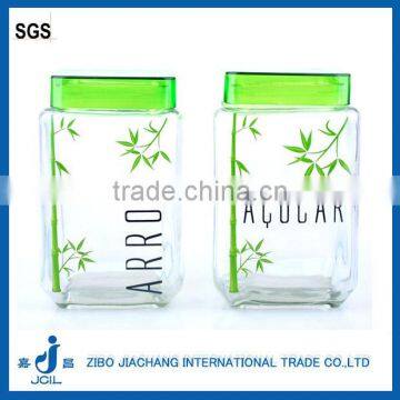 square decorative glass jar for canning with bamboo design