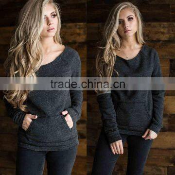 Womens Latest Sweater Design Raw Neckline Sport Stripe Detailing Kangaroo Pocket Football Raglan Sweater