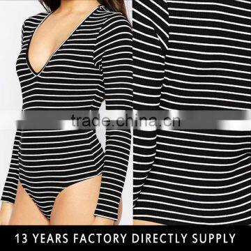 Sexy black and white stripe deep v women long sleeve bodysuit