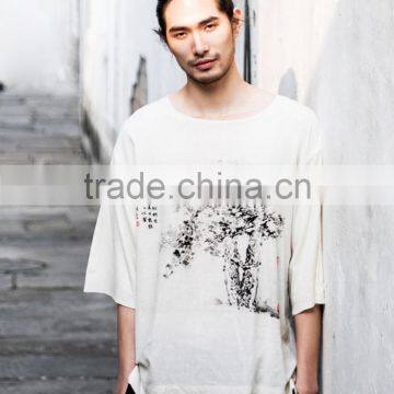 The Chinese style summer new loose cotton and linen men round hem Chinese ink and wash printing half sleeve mens t shirt