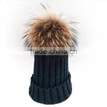 Myfur Navy High Quality Cheap Wool Knit Cap and Hat with Real Raccoon Fur Pompom