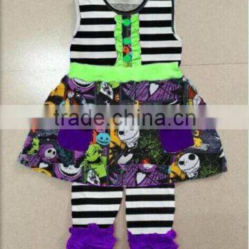 2017 High Quality 100% Cotton Baby Halloween Garment Infant Kids Girls Ghost Print Top&Black Stripe Pant two piece Sets