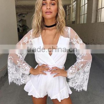 Runwaylover oem service ladies lace see-through ladies v-neck playsuit