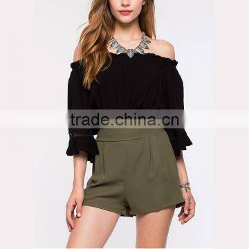 Short Sleeve Plain Textured Woven Women off Shoulder Blouse photo-4