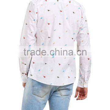 Men's Long Sleeve Birds Pattern Cotton Shirt photo-5