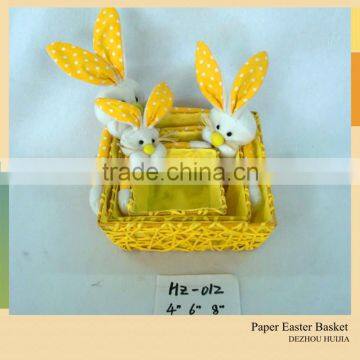 long ears plush rabbit toys with basket made by paper string for easter