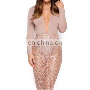 Mika72304 2017Womens V Neck Plunge Stretch Plain Long Sleeve Leotard Top Ladies Bodysuit in Pink photo-2