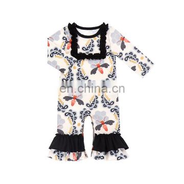 Fashion Cute Bees Printed Boutique Baby Romper Long Sleeve Ruffled Design Bodysuit Autumn Wear