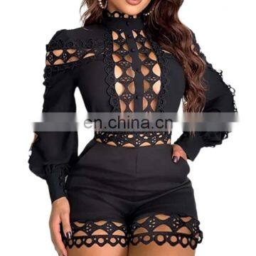 Women Sport Vintage Hollow Out Long Sleeve Shorts Bodysuit Jumpsuit Sexy Club Party Romper Playsuit One Piece Overalls