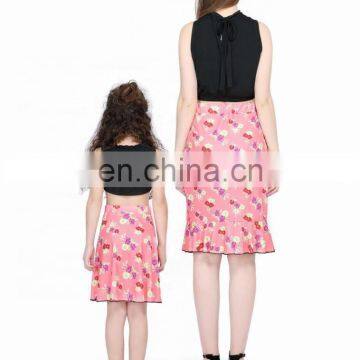 Mother Daughter Matching Dresses 2pcs Pink Floral Skirt Black Lace Top Women Clothing Summer Set photo-2